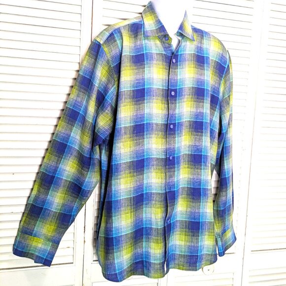 Robert Talbott Linen Shirt XL Long Sleeve Colorful Blue Yellow Plaid button down - Picture 2 of 13